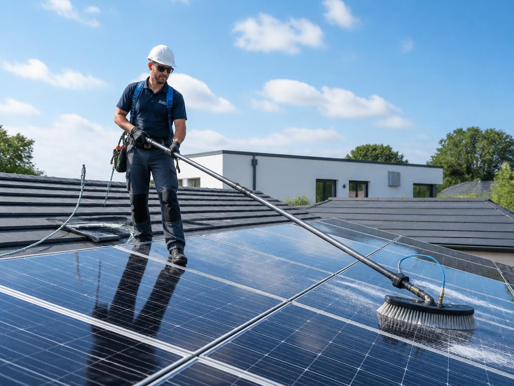Technician cleaning rooftop solar panels with a soft water-fed brush in Nairobi